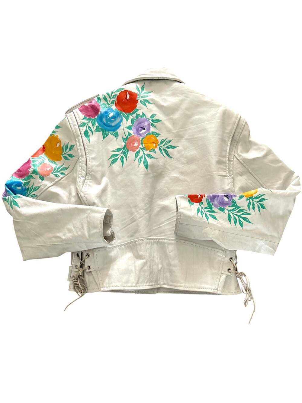 Jamin Leather White Floral Hand-Painted Biker Jacket - Picture 3 of 12